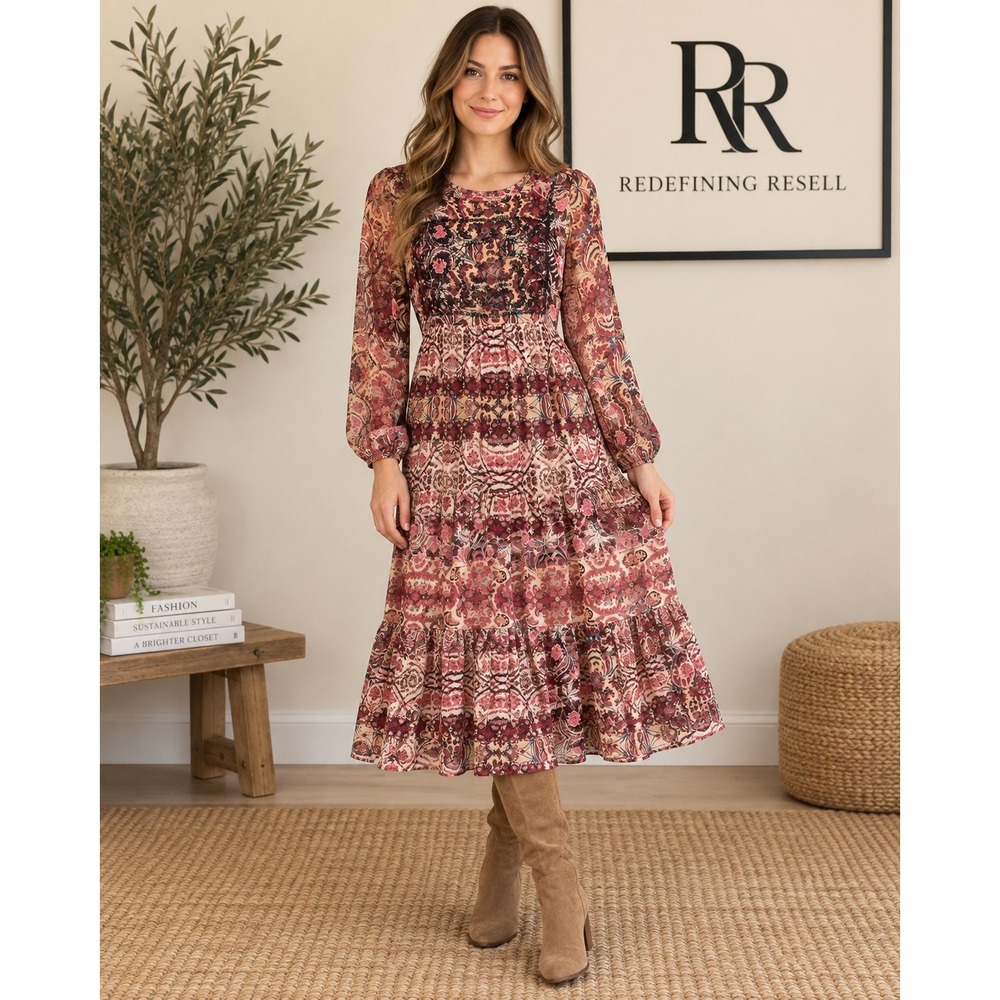 Knox Rose Womens Boho Paisley Embroidered Tiered Midi Dress Burgundy Small